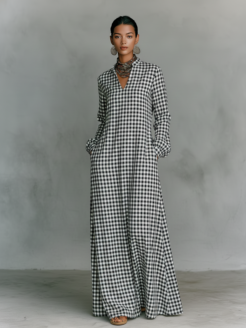 Amelie | Women's Checked Long Sleeve Maxi Dress