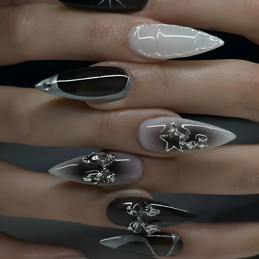 Katie | Women's Black Glitter Almond Press On Halloween Nails with 3D Metallic Design
