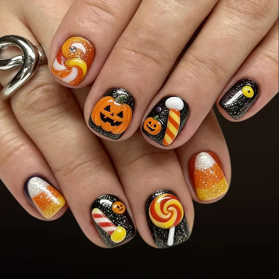 Sophie | Women's Halloween French Square Press On Nails with 3D Design