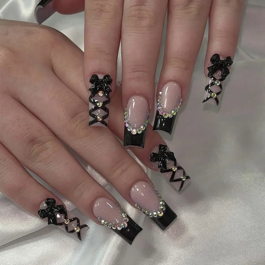 Deborah | Women's Black Halloween Bat Almond Press On Nails with 3D Rivet and Bow Details