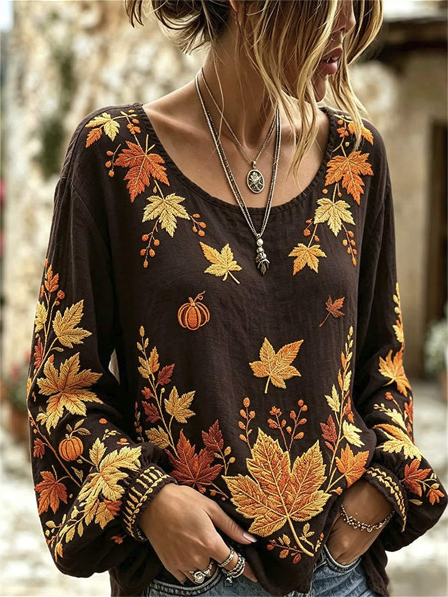 Margaret | Women's Halloween Dark Brown Maple Leaf Pumpkin Blouse with Long Sleeves