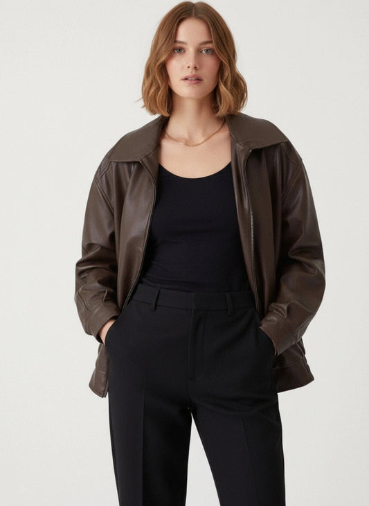 Amber | Women's Oversized Leather Zip Jacket with Collar