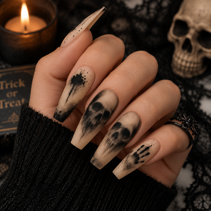 Charlotte | Women's Black Skeleton Coffin Press On Halloween Nails with Matte Finish