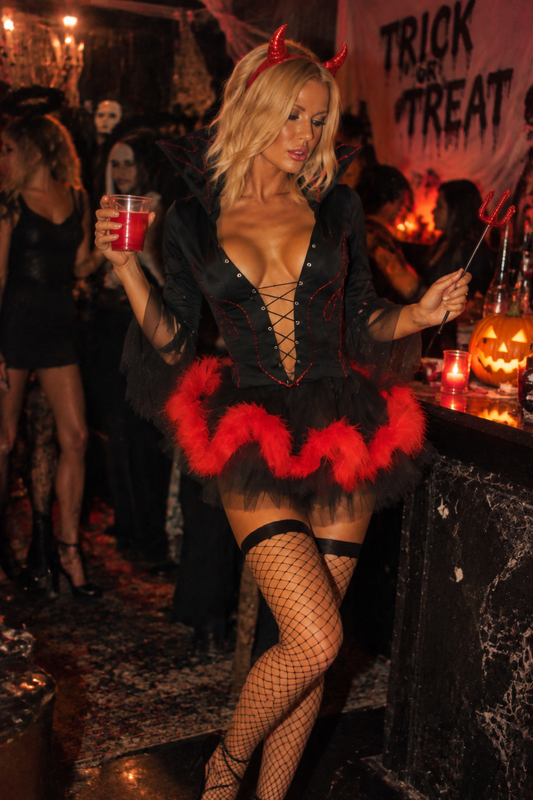 Teena | Women's Devil Halloween Costume with Horns and Black Lace-Up Dress