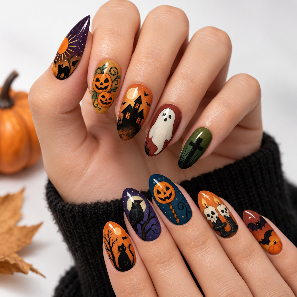 Matilda | Women's Festive Halloween Pumpkin Ghost Almond Press On Nails