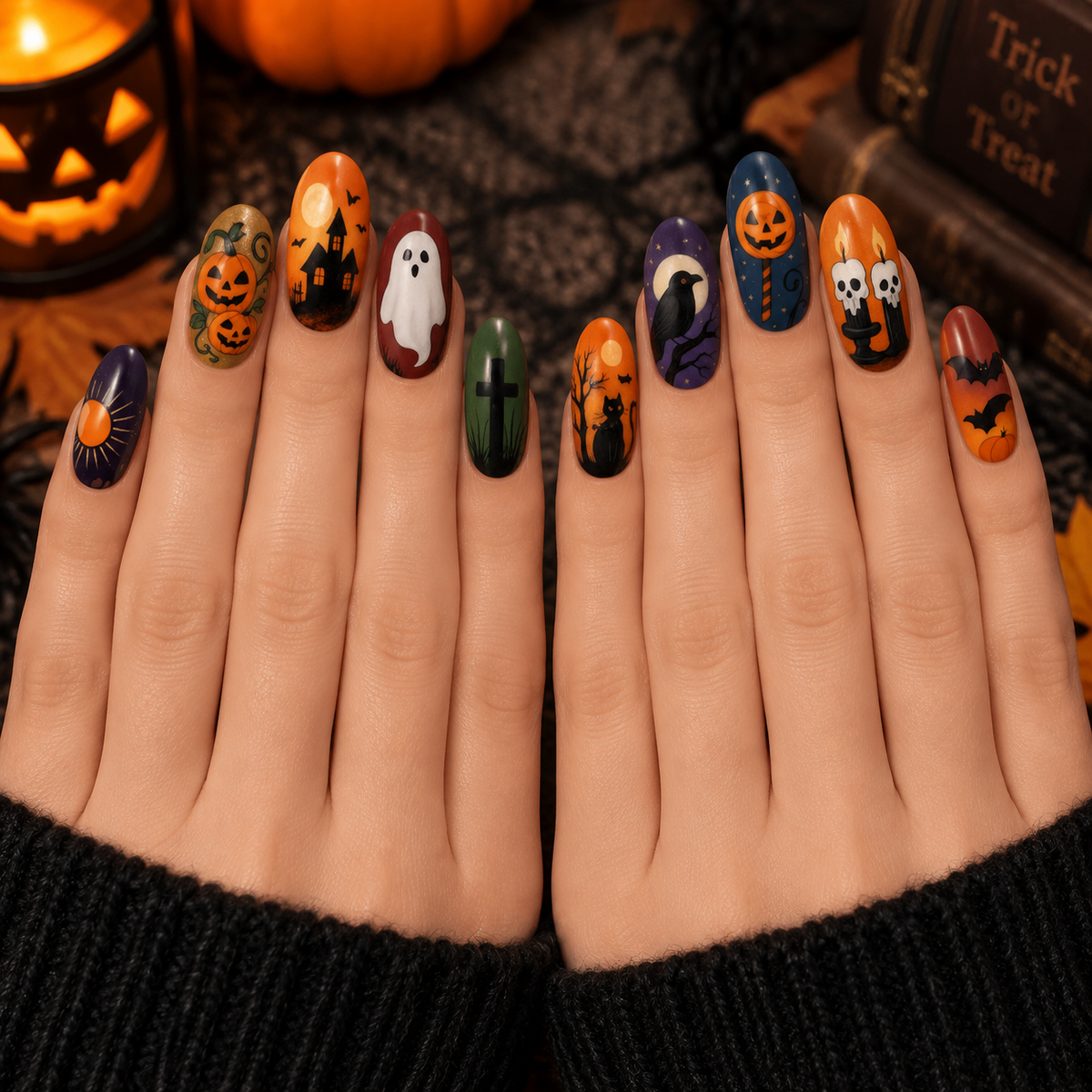 Matilda | Women's Festive Halloween Pumpkin Ghost Almond Press On Nails