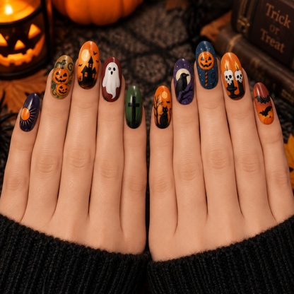 Matilda | Women's Festive Halloween Pumpkin Ghost Almond Press On Nails