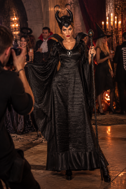Elspeth | Women's Devil Halloween Costume with Horns and Black Dress