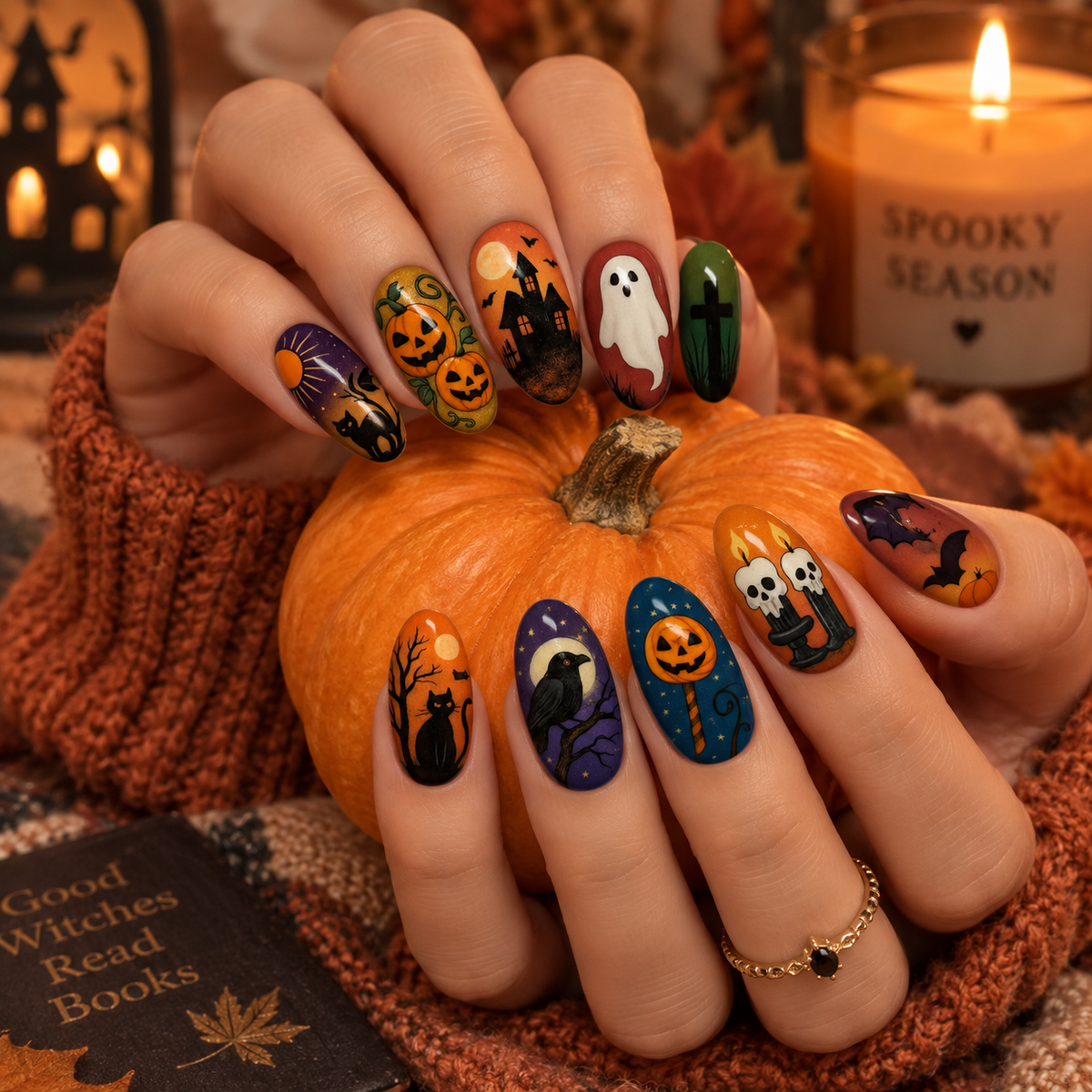 Matilda | Women's Festive Halloween Pumpkin Ghost Almond Press On Nails
