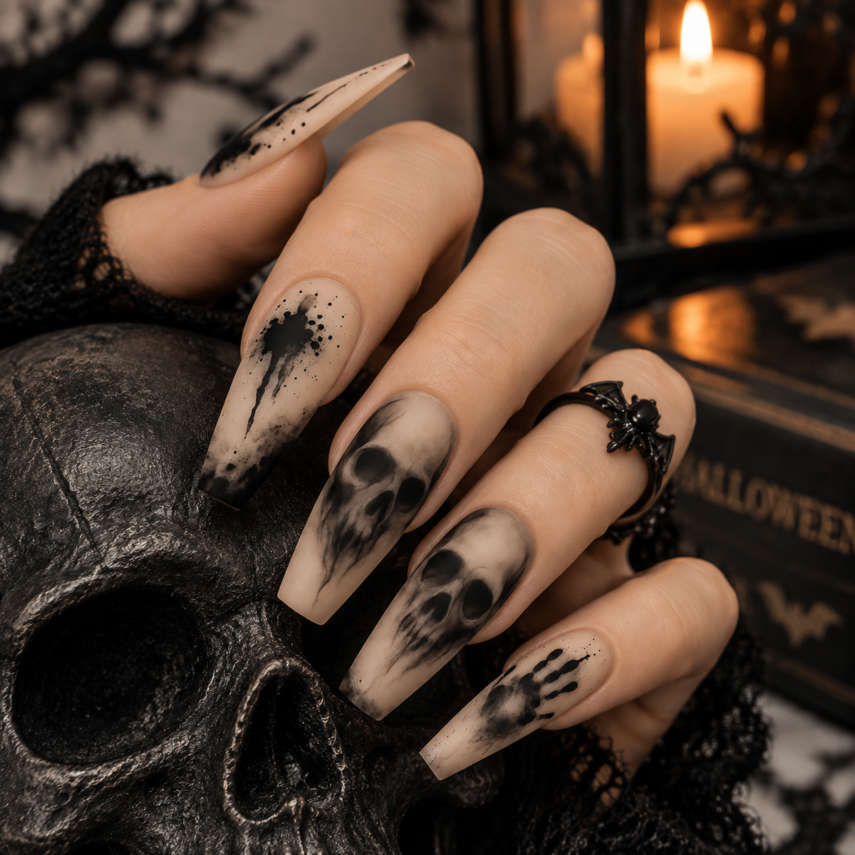 Charlotte | Women's Black Skeleton Coffin Press On Halloween Nails with Matte Finish