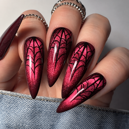 Arabella | Women's Red Cat Eye Press On Halloween Nails with Glossy Finish