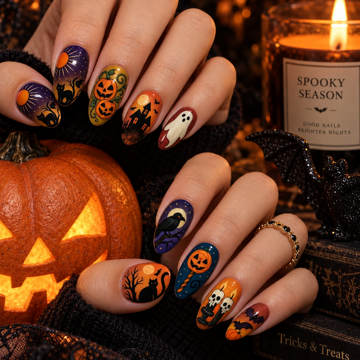 Matilda | Women's Festive Halloween Pumpkin Ghost Almond Press On Nails