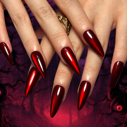 Arabella | Women's Red Cat Eye Press On Halloween Nails with Glossy Finish