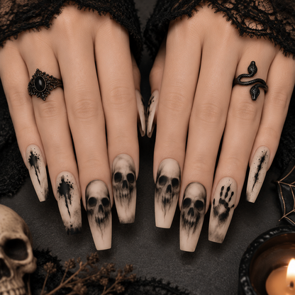 Charlotte | Women's Black Skeleton Coffin Press On Halloween Nails with Matte Finish
