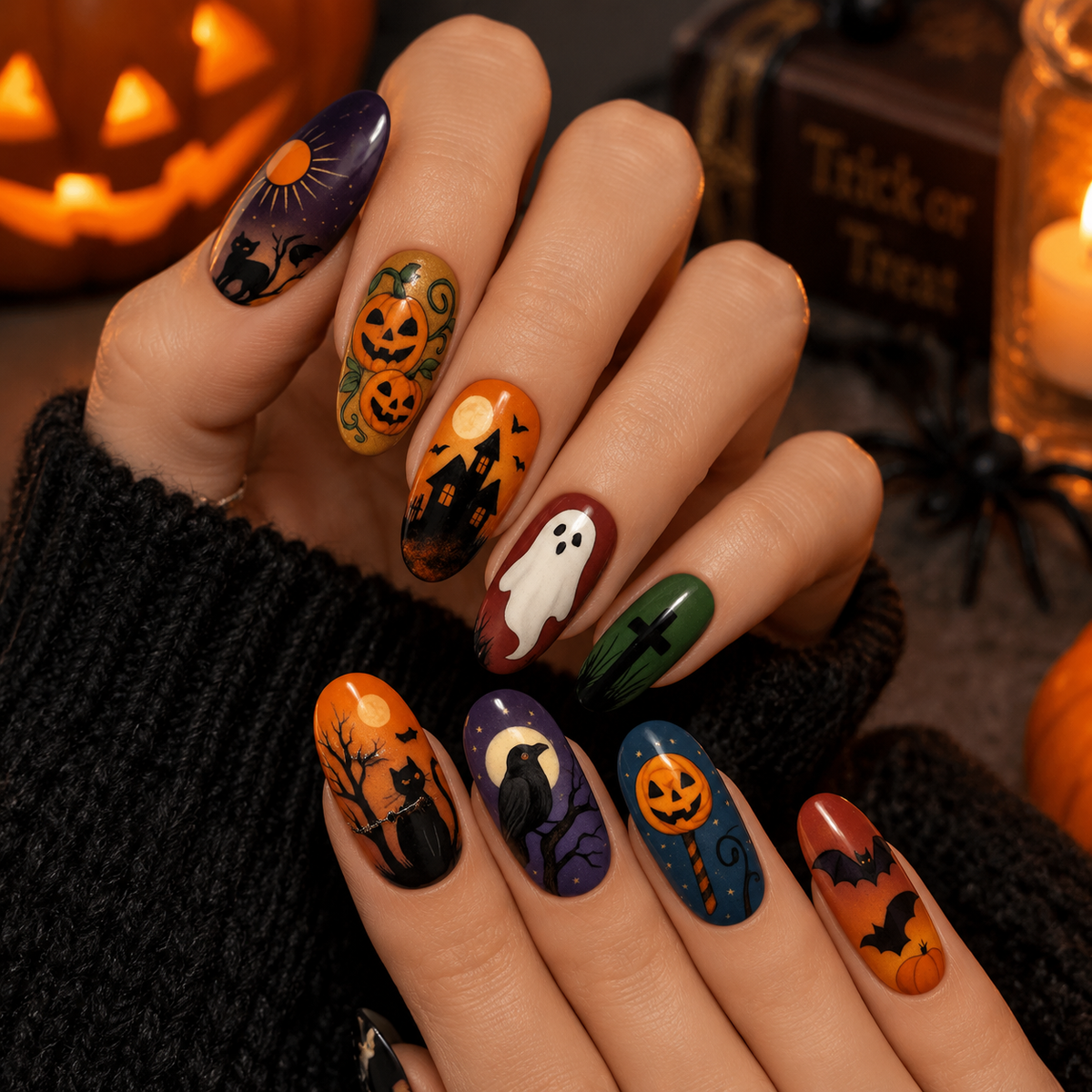 Matilda | Women's Festive Halloween Pumpkin Ghost Almond Press On Nails