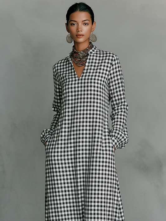 Amelie | Women's Checked Long Sleeve Maxi Dress