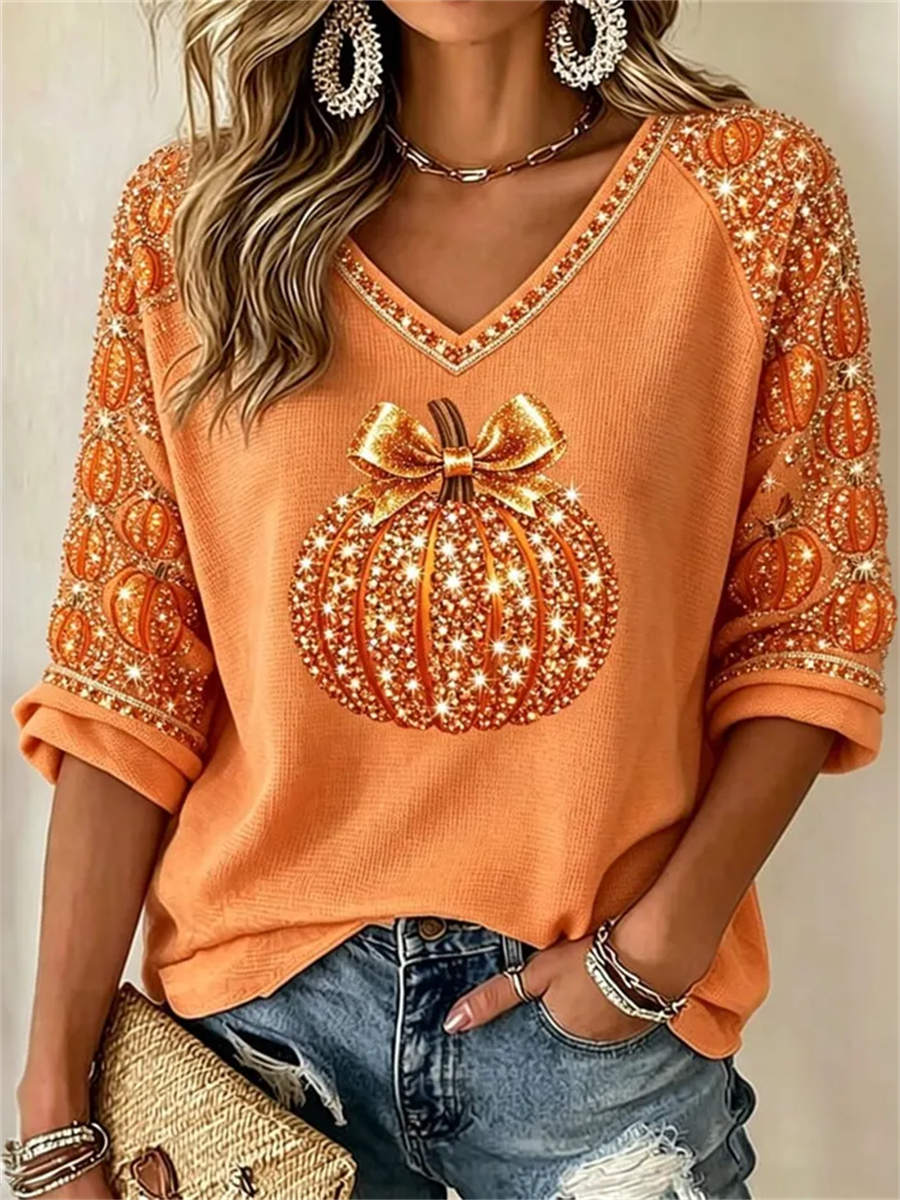 Rina | Women's Festive Halloween Orange Bow Pumpkin Top