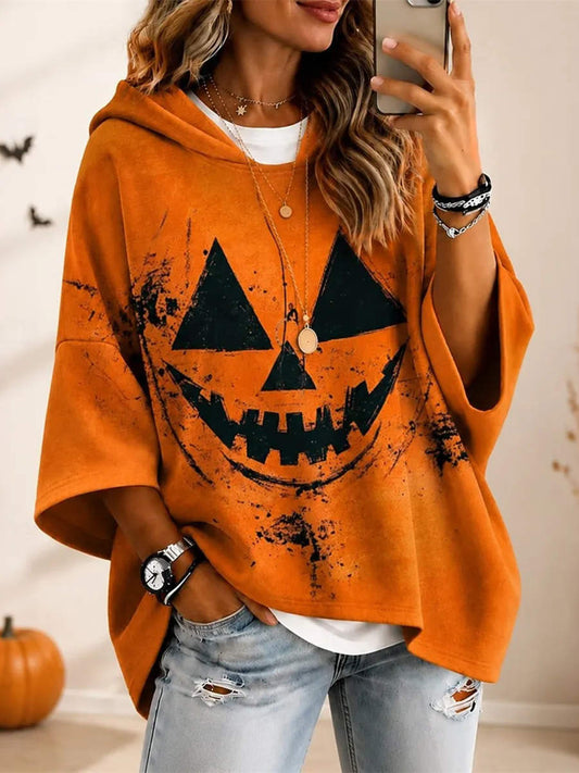 Florence | Women's Halloween Orange Pumpkin Quarter Sleeve Hoodie