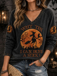 Anne | Women's Halloween Black Witch and Moon Print V-Neck Top