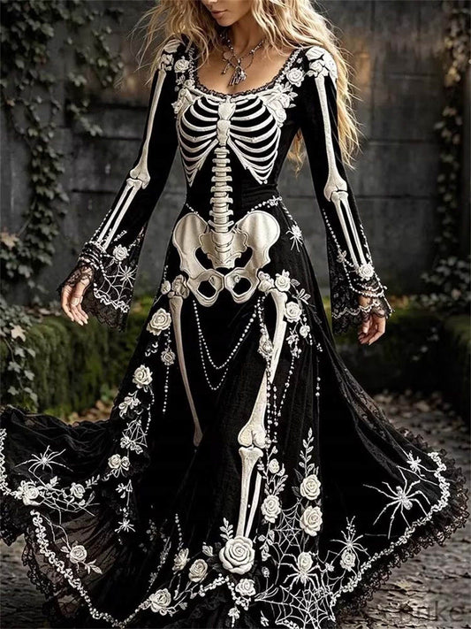 Grace | Women's Halloween Balck Skeleton Maxi Dress