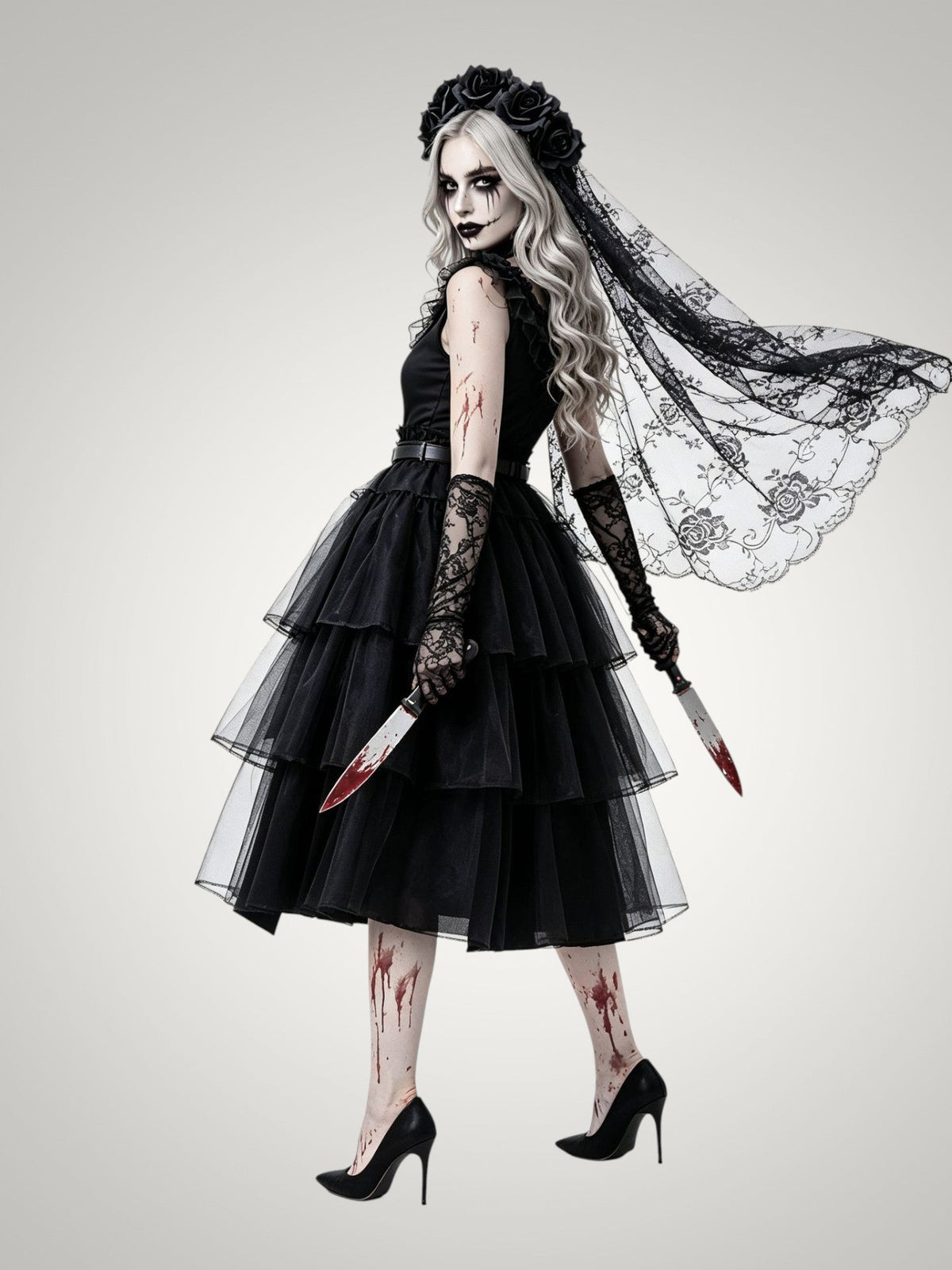 Violet | Women's Gothic Ghost Bride Halloween Costume with Veil and Tiered Dress