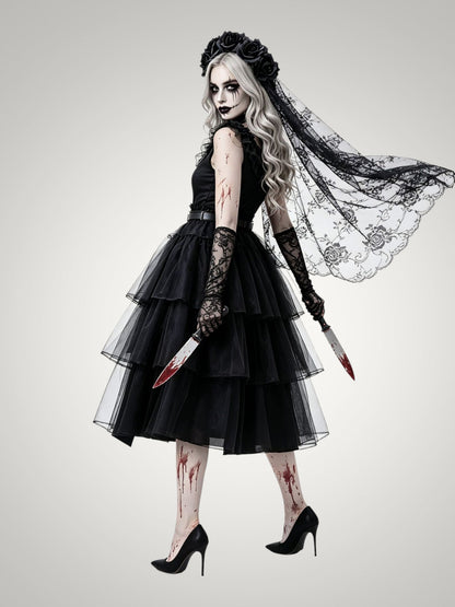 Violet | Women's Gothic Ghost Bride Halloween Costume with Veil and Tiered Dress