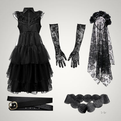 Violet | Women's Gothic Ghost Bride Halloween Costume with Veil and Tiered Dress
