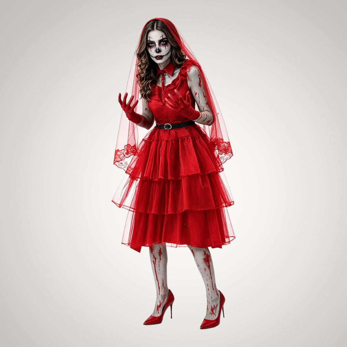 Arabella | Women's Bloody Zombie Bride Halloween Costume with Veil and Tiered Dress