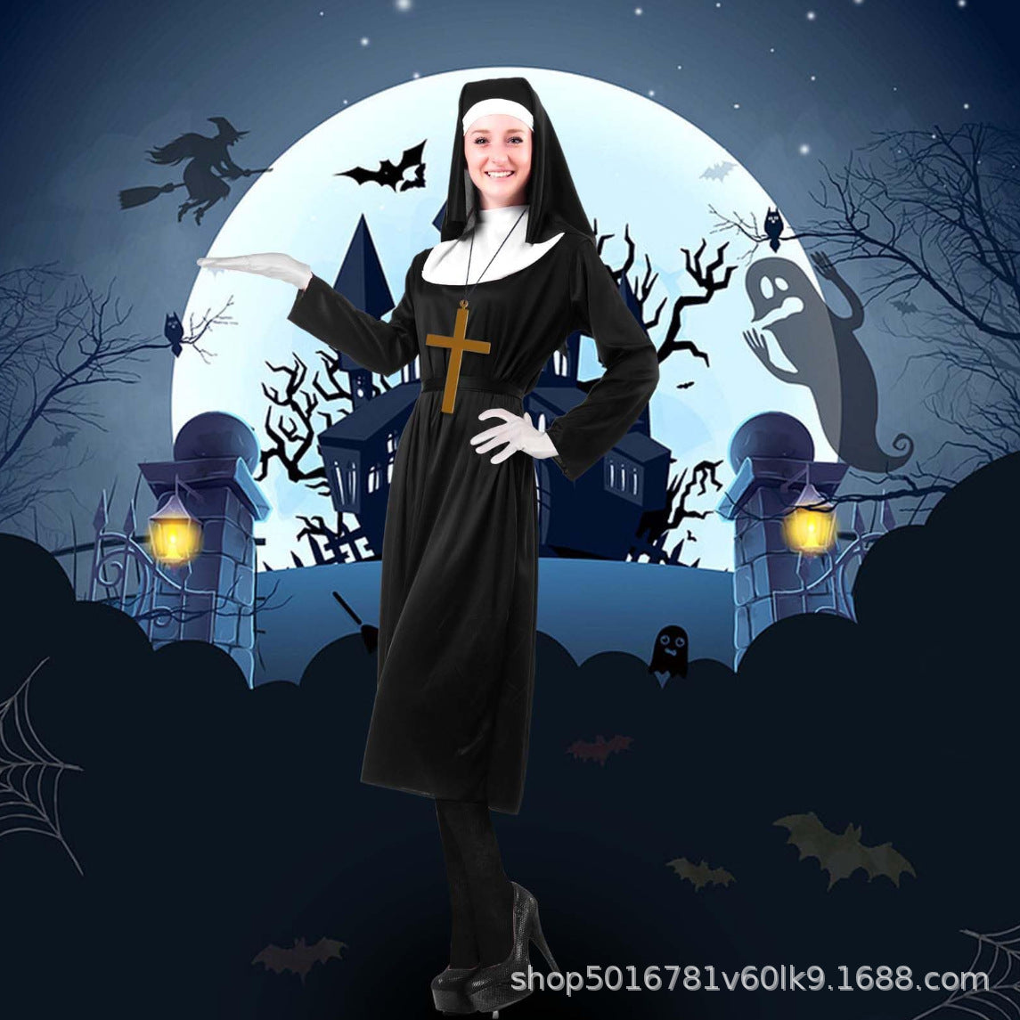 Natalie | Women's Nun Halloween Costume with Habit, Headscarf and Cross