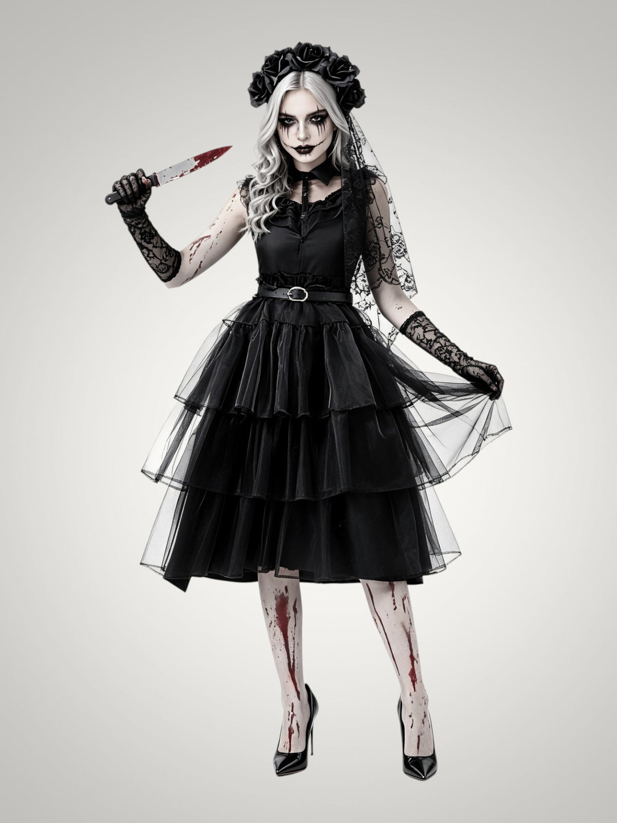 Violet | Women's Gothic Ghost Bride Halloween Costume with Veil and Tiered Dress
