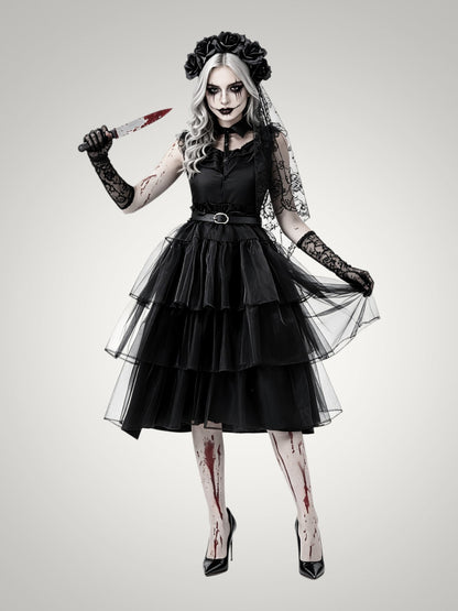 Violet | Women's Gothic Ghost Bride Halloween Costume with Veil and Tiered Dress