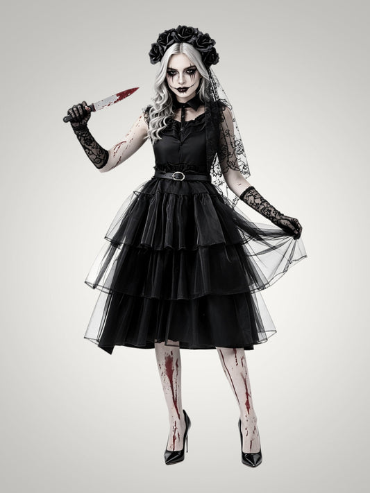Violet | Women's Gothic Ghost Bride Halloween Costume with Veil and Tiered Dress
