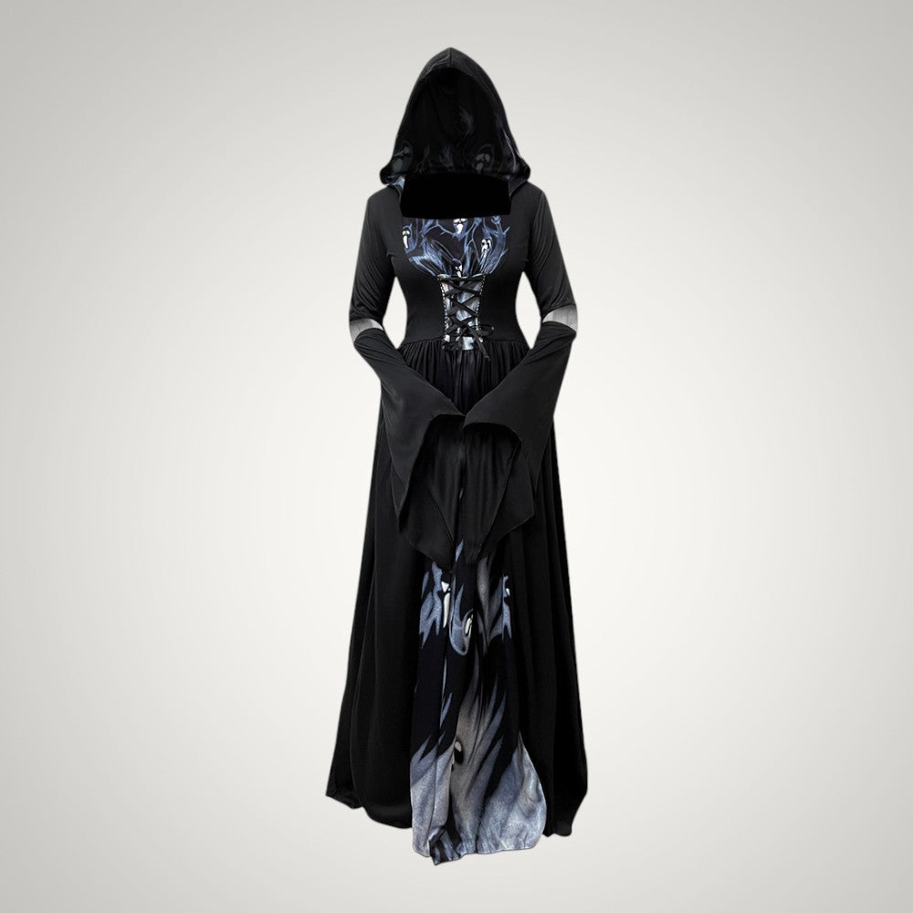 Ellie | Women's Halloween Hooded Gothic Witch Dress with Flared Skirt