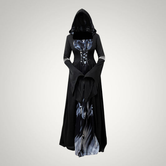 Ellie | Women's Halloween Hooded Gothic Witch Dress with Flared Skirt