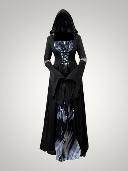 Ellie | Women's Halloween Hooded Gothic Witch Dress with Flared Skirt