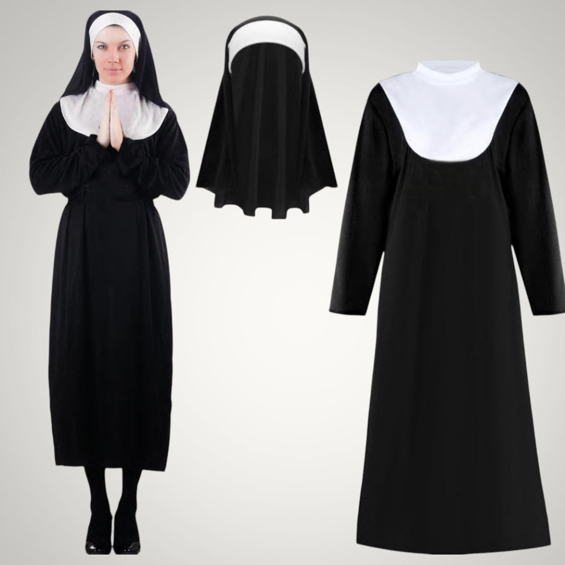 Natalie | Women's Nun Halloween Costume with Habit, Headscarf and Cross