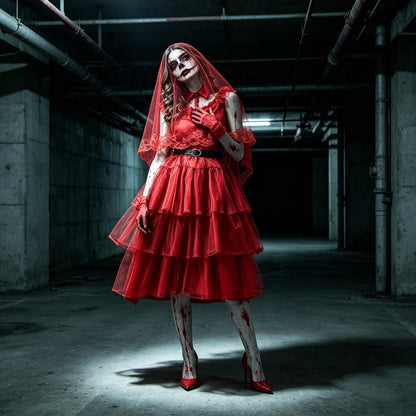Arabella | Women's Bloody Zombie Bride Halloween Costume with Veil and Tiered Dress