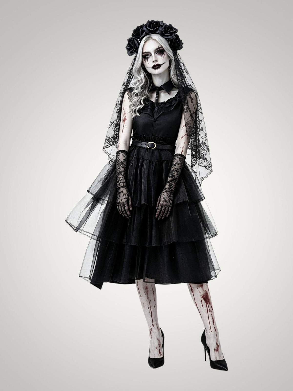 Violet | Women's Gothic Ghost Bride Halloween Costume with Veil and Tiered Dress