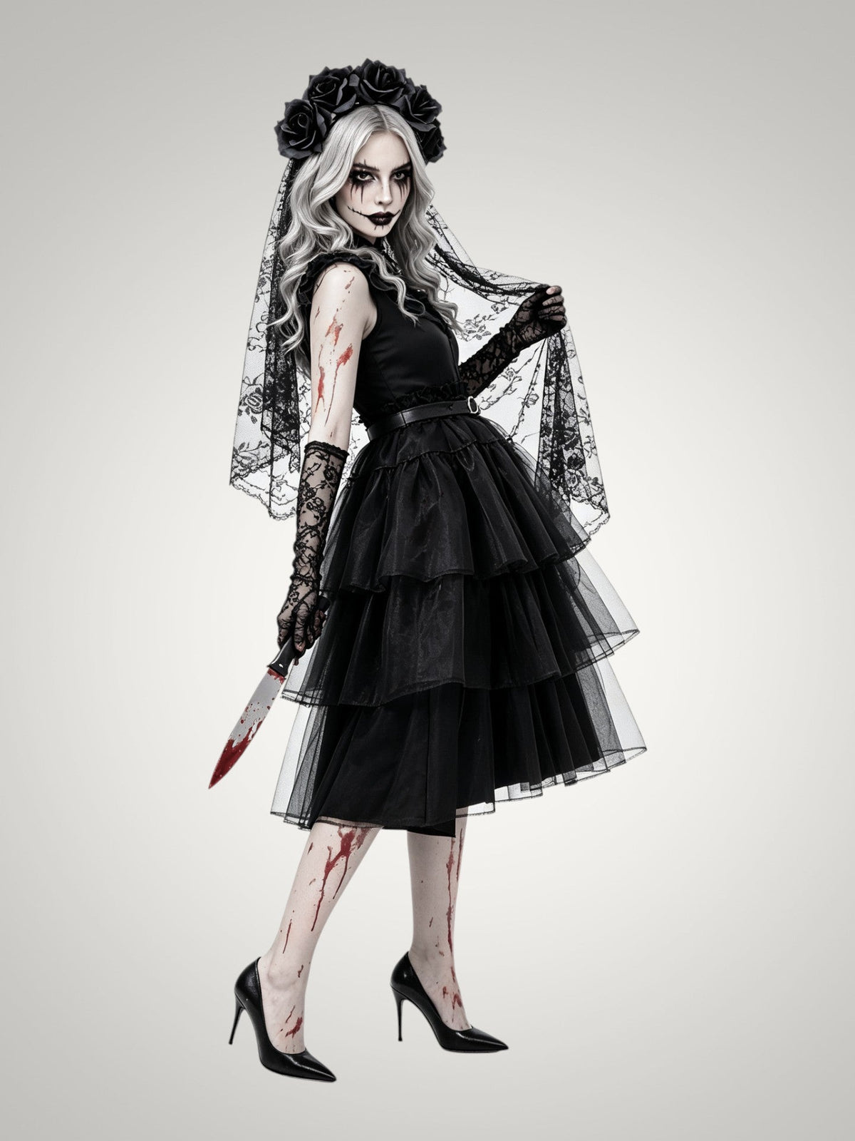 Violet | Women's Gothic Ghost Bride Halloween Costume with Veil and Tiered Dress