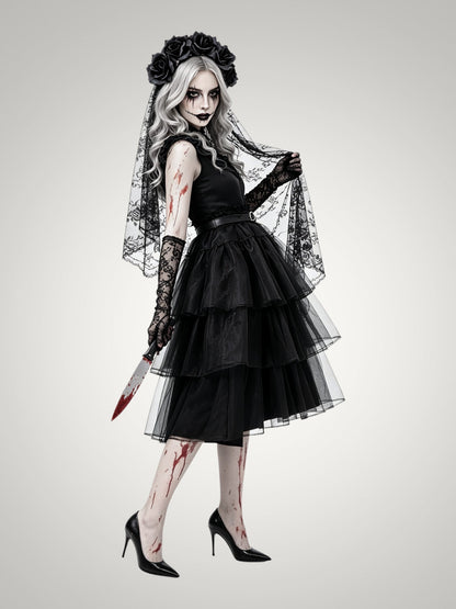 Violet | Women's Gothic Ghost Bride Halloween Costume with Veil and Tiered Dress