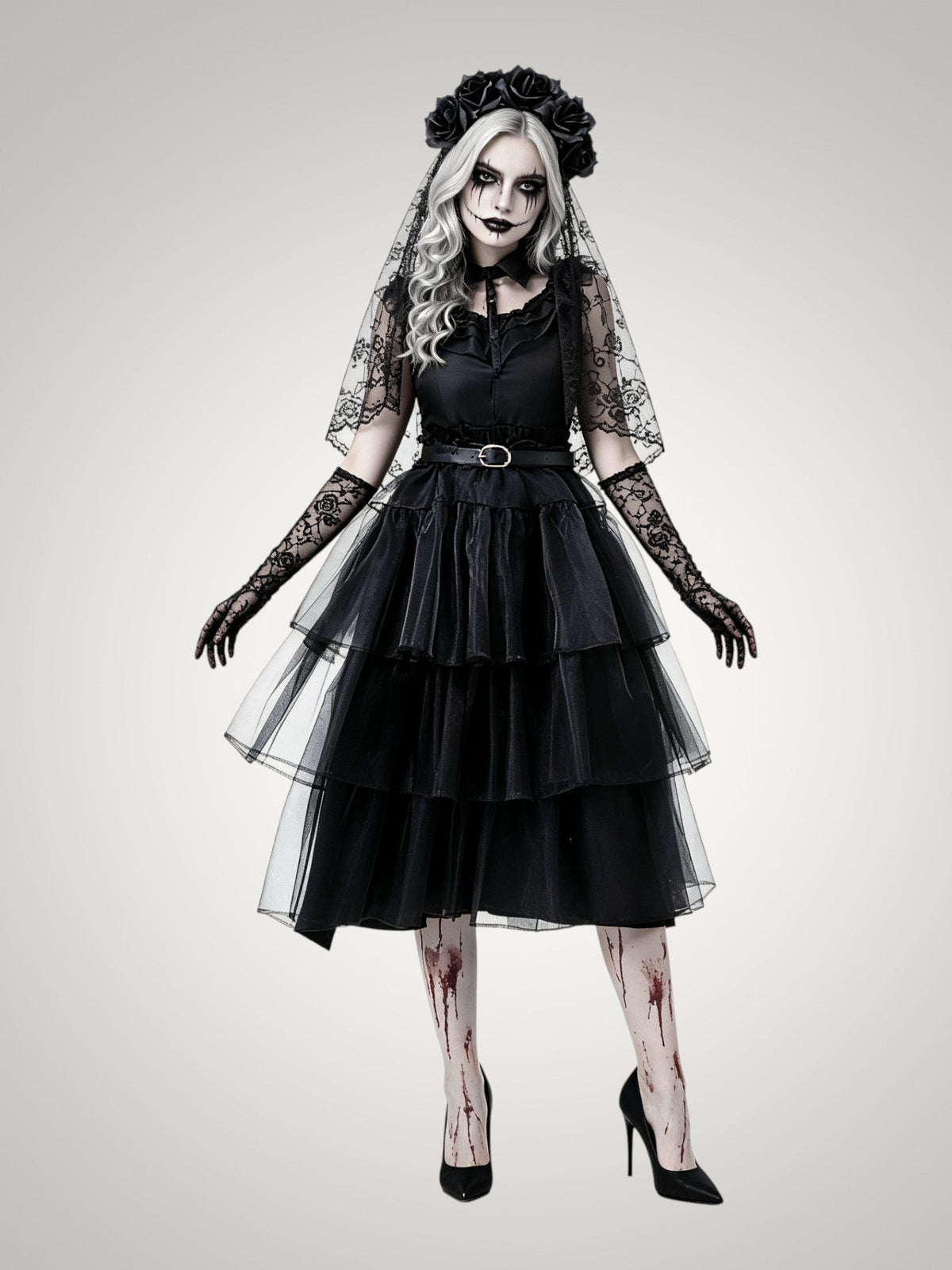 Violet | Women's Gothic Ghost Bride Halloween Costume with Veil and Tiered Dress
