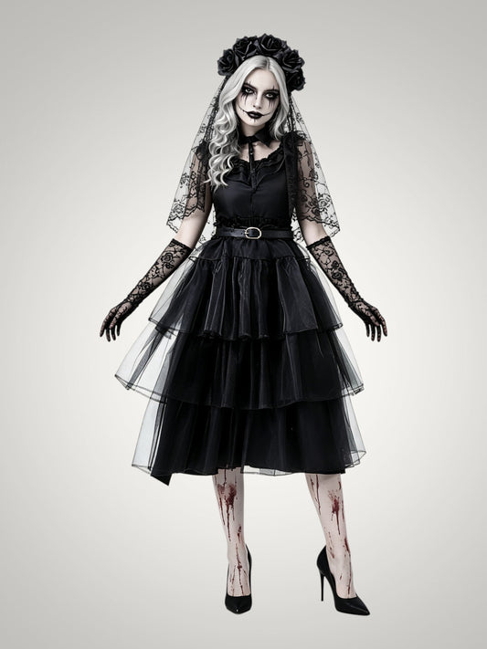 Violet | Women's Gothic Ghost Bride Halloween Costume with Veil and Tiered Dress