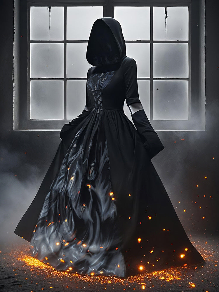 Ellie | Women's Halloween Hooded Gothic Witch Dress with Flared Skirt