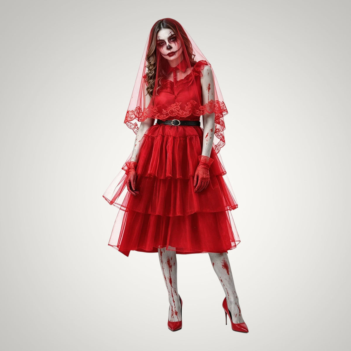 Arabella | Women's Bloody Zombie Bride Halloween Costume with Veil and Tiered Dress