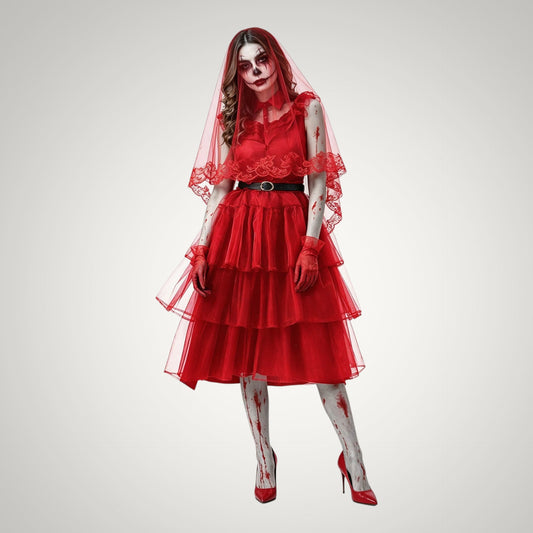 Arabella | Women's Bloody Zombie Bride Halloween Costume with Veil and Tiered Dress