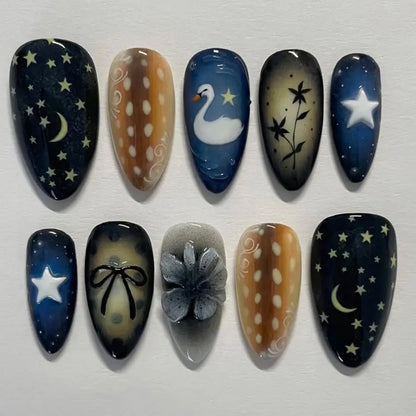Katie | Women's Black Glitter Almond Press On Halloween Nails with 3D Metallic Design