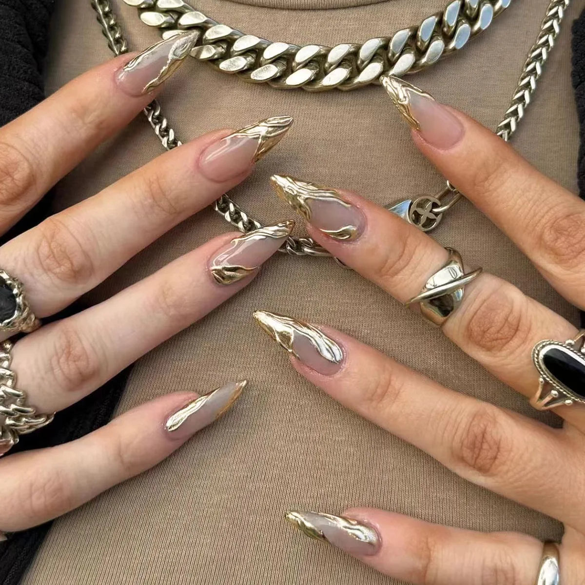 Katie | Women's Black Glitter Almond Press On Halloween Nails with 3D Metallic Design