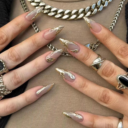 Katie | Women's Black Glitter Almond Press On Halloween Nails with 3D Metallic Design