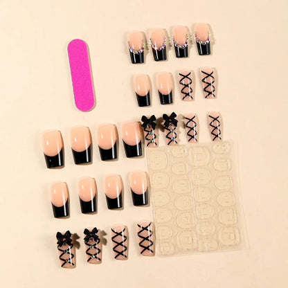 Deborah | Women's Black Halloween Bat Almond Press On Nails with 3D Rivet and Bow Details