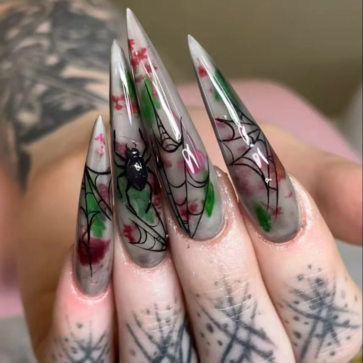 Natasha | Women's Silver Spider Almond Press On Halloween Nails with Gothic Design